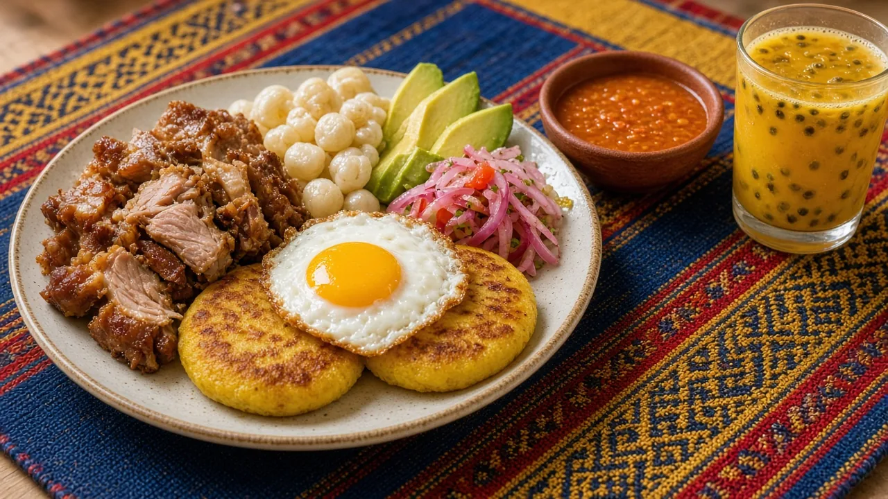 Un plato de hornado con llapingachos, huevo frito, mote, aguacate y curtido, con ají y jugo de maracuyá sobre un mantel tejido / A plate of roast pork with potato patties, fried egg, hominy, avocado and pickled onion, with aji sauce and passion fruit juice on a woven table runner